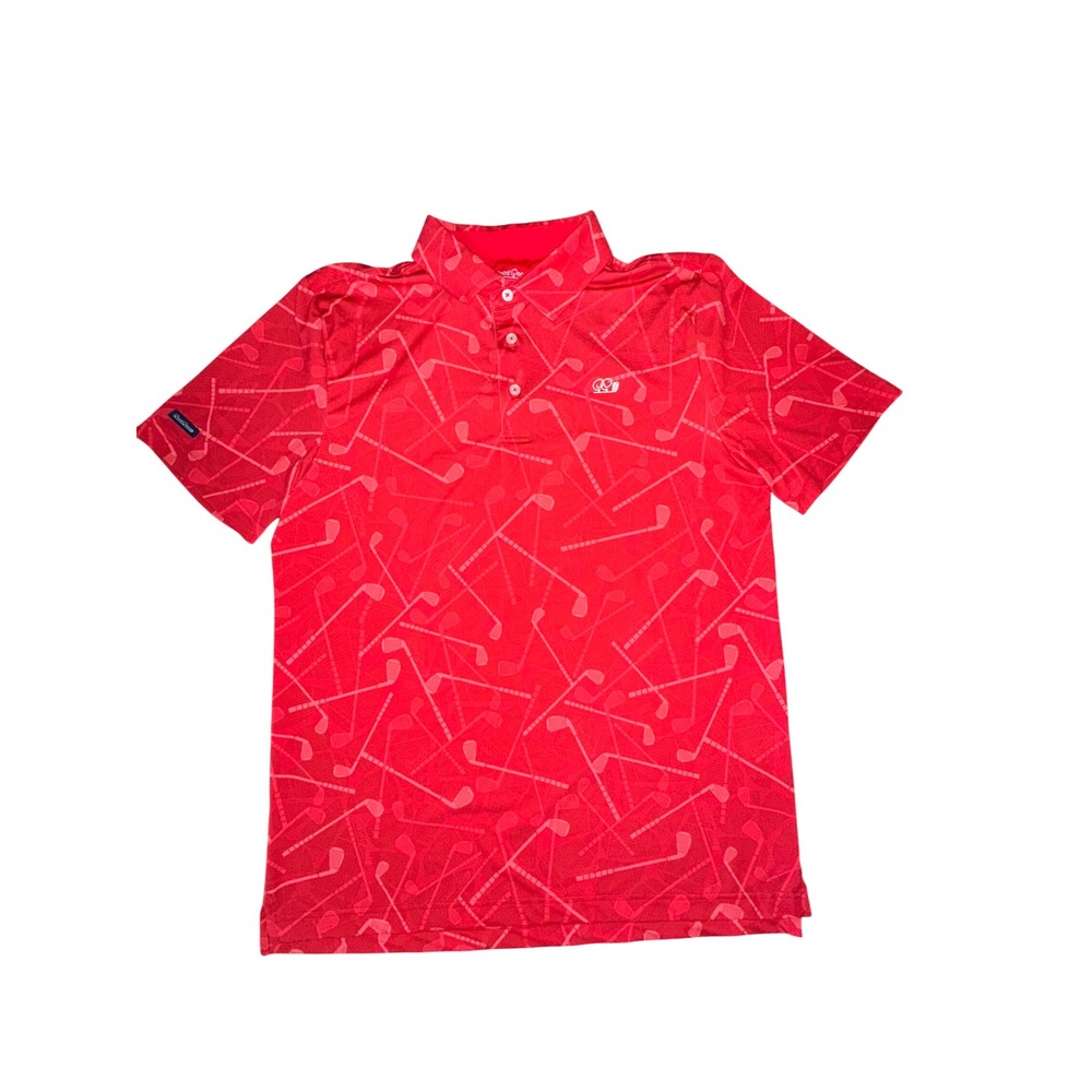 Good Good Golf Mens Medium Red Golf Club Print Performance Polo Short Sleeve